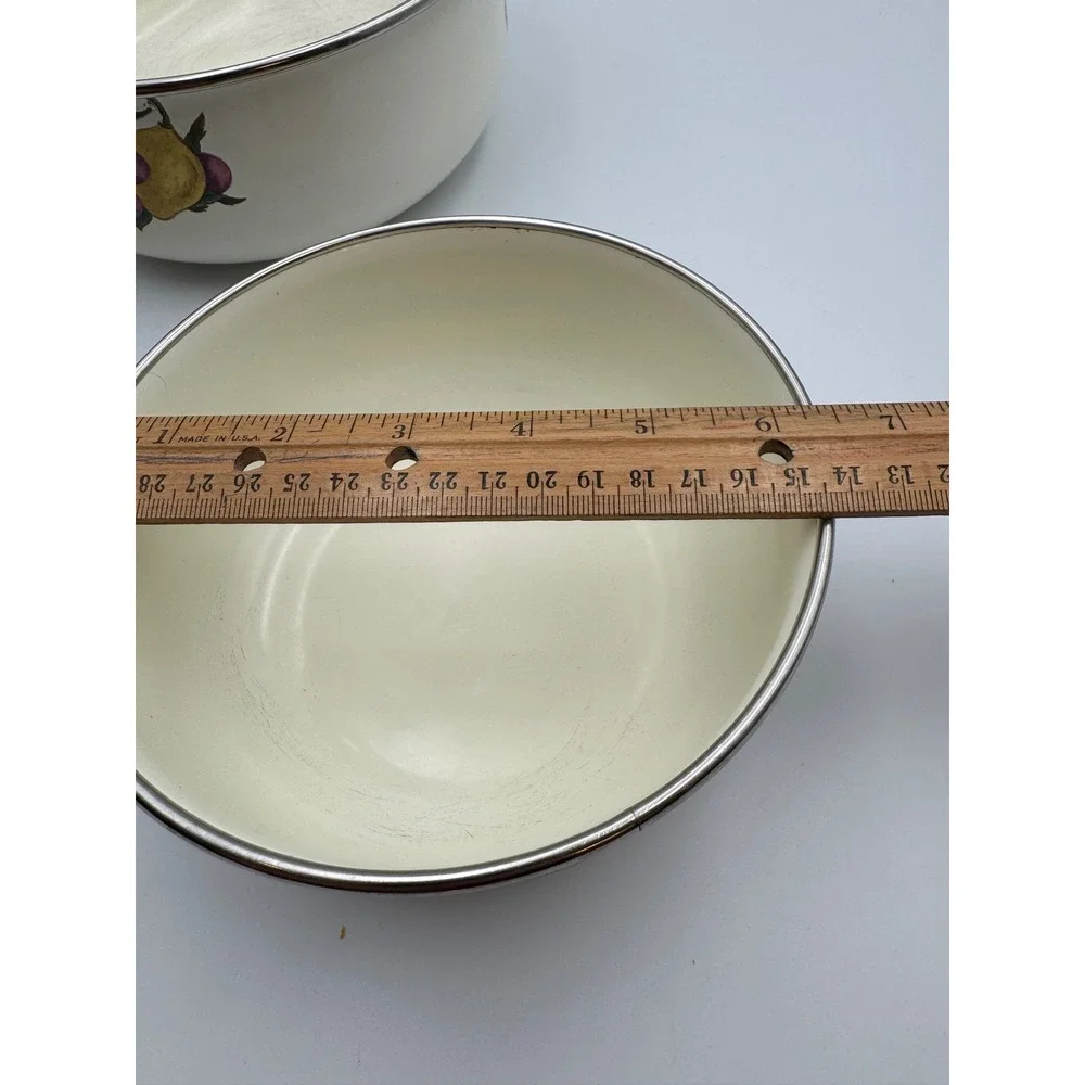 Vintage Cornucopia Enamel Nesting Mixing Bowls Set of 2 Fruit Pattern Cream 8.5